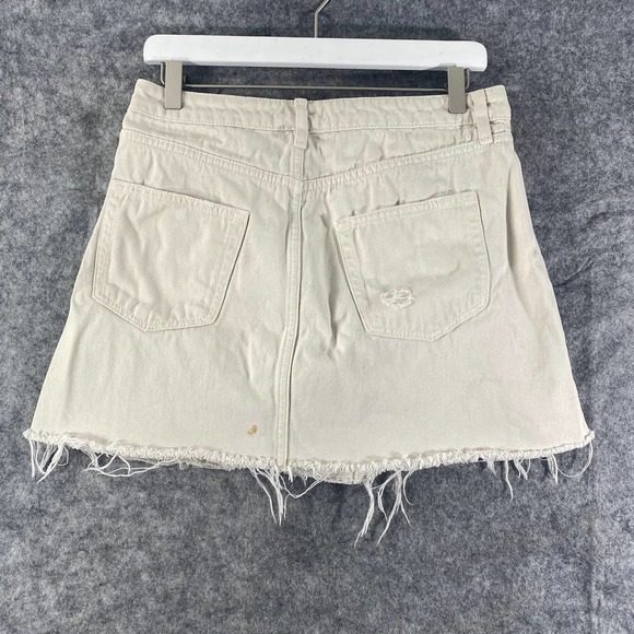 Free People Skirt 31 Beige Denim High Rise Distressed Mini Button Fly - Picture 3 of 11